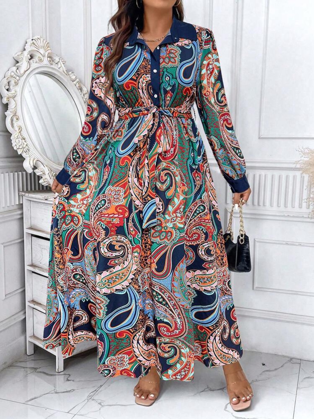Paisley Print Long Sleeve Maxi Dress in Navy and Multicolor